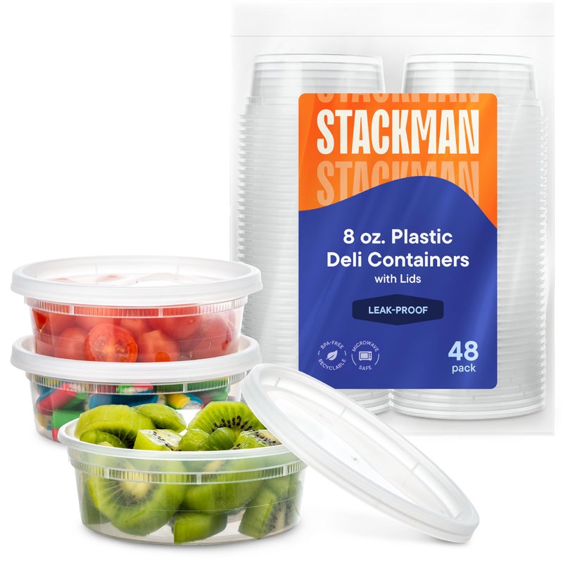 Stack Man [48 Sets - 8 oz.] Plastic Containers with Lids - Slime Containers 8 oz - Small Containers with Lids - Image 1