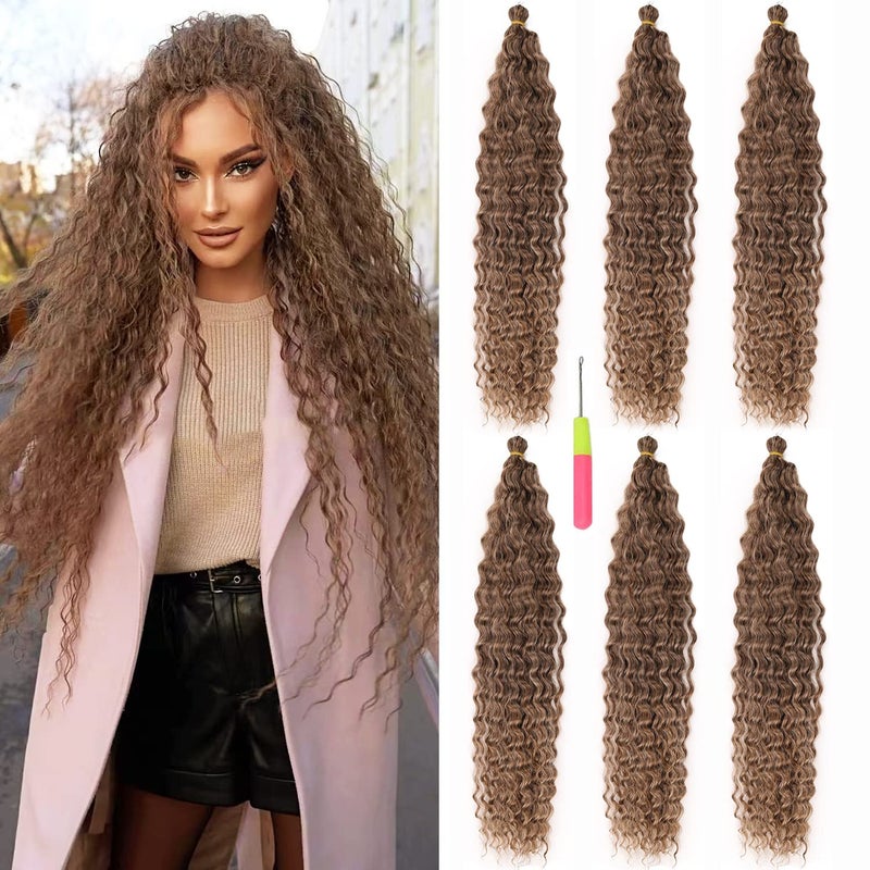 MAYSA Brown Curly Crochet Hair for Women Synthetic Wavy Crochet Hair 22 Inch 6Packs Ocean Wave Braiding Hair Extension 12Brown