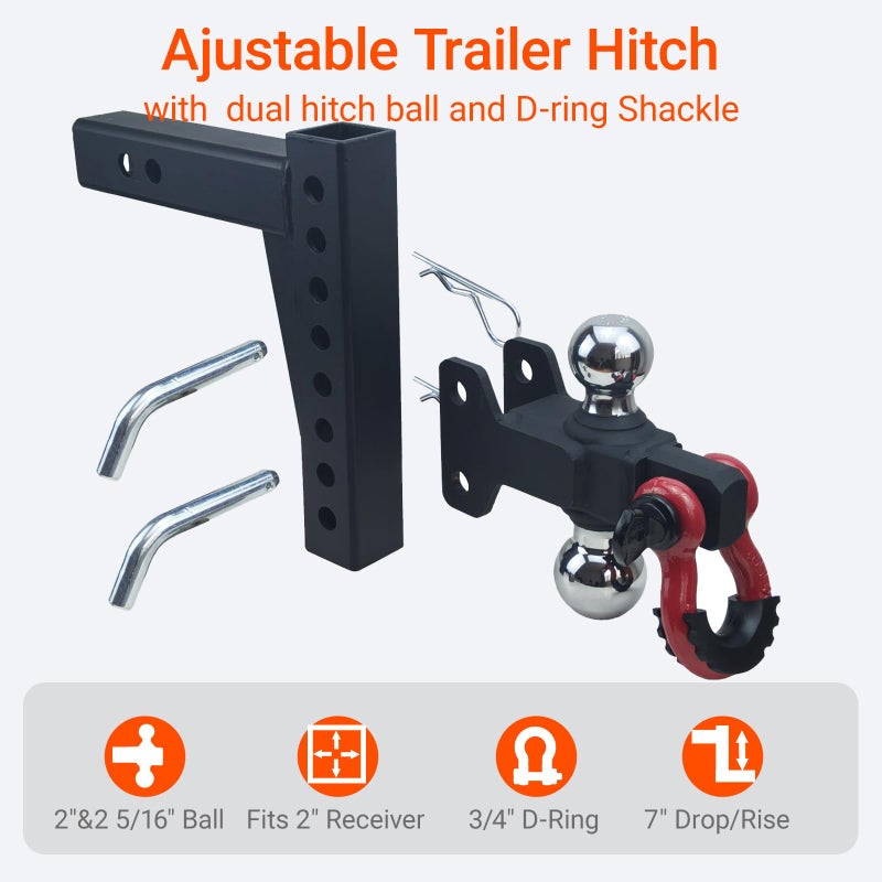 REDTEE Adjustable Trailer Hitch with 2 inch Receiver, 7 inch Drop/Rise Tow Hitch with D Ring Shackle for Trucks, 2 & 2-5/16 Inch Dual Balls 6000 lbs/10000 lbs, Matte Black and Chromed Balls - Image 2
