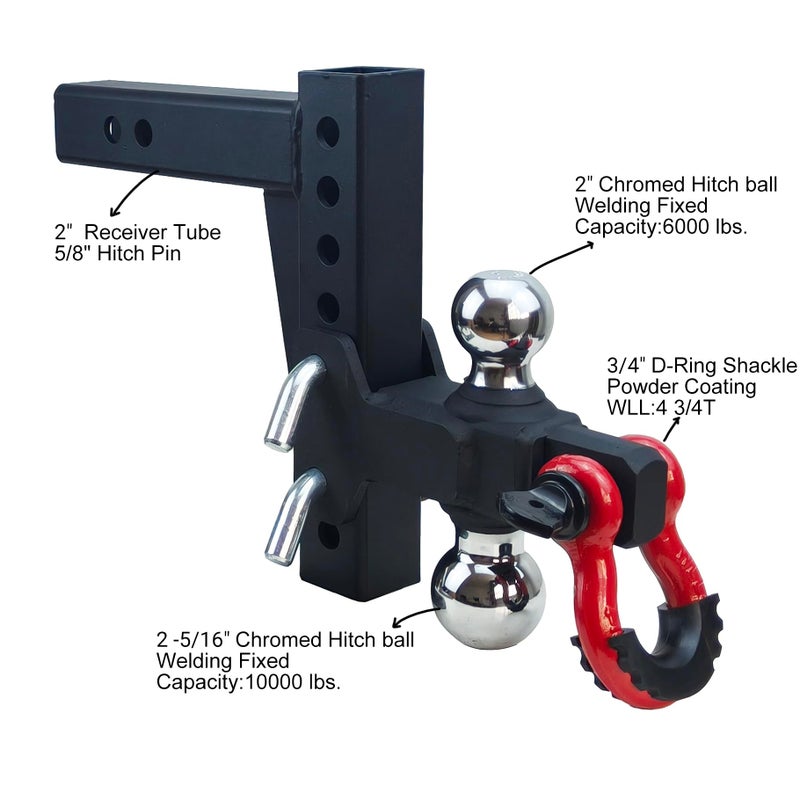 REDTEE Adjustable Trailer Hitch with 2 inch Receiver, 7 inch Drop/Rise Tow Hitch with D Ring Shackle for Trucks, 2 & 2-5/16 Inch Dual Balls 6000 lbs/10000 lbs, Matte Black and Chromed Balls - Image 3