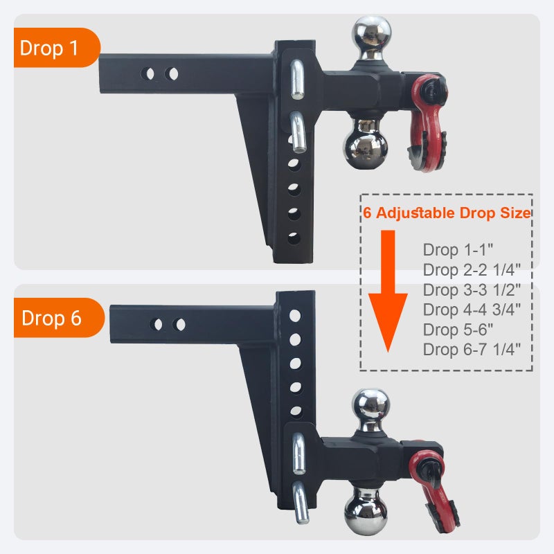 REDTEE Adjustable Trailer Hitch with 2 inch Receiver, 7 inch Drop/Rise Tow Hitch with D Ring Shackle for Trucks, 2 & 2-5/16 Inch Dual Balls 6000 lbs/10000 lbs, Matte Black and Chromed Balls - Image 4