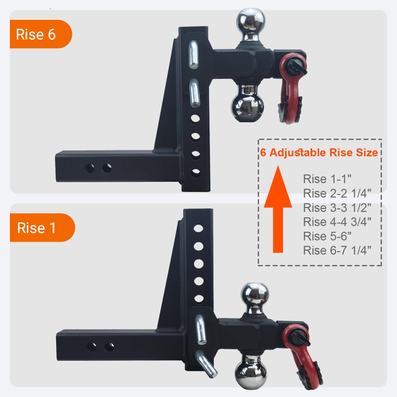REDTEE Adjustable Trailer Hitch with 2 inch Receiver, 7 inch Drop/Rise Tow Hitch with D Ring Shackle for Trucks, 2 & 2-5/16 Inch Dual Balls 6000 lbs/10000 lbs, Matte Black and Chromed Balls - Image 5