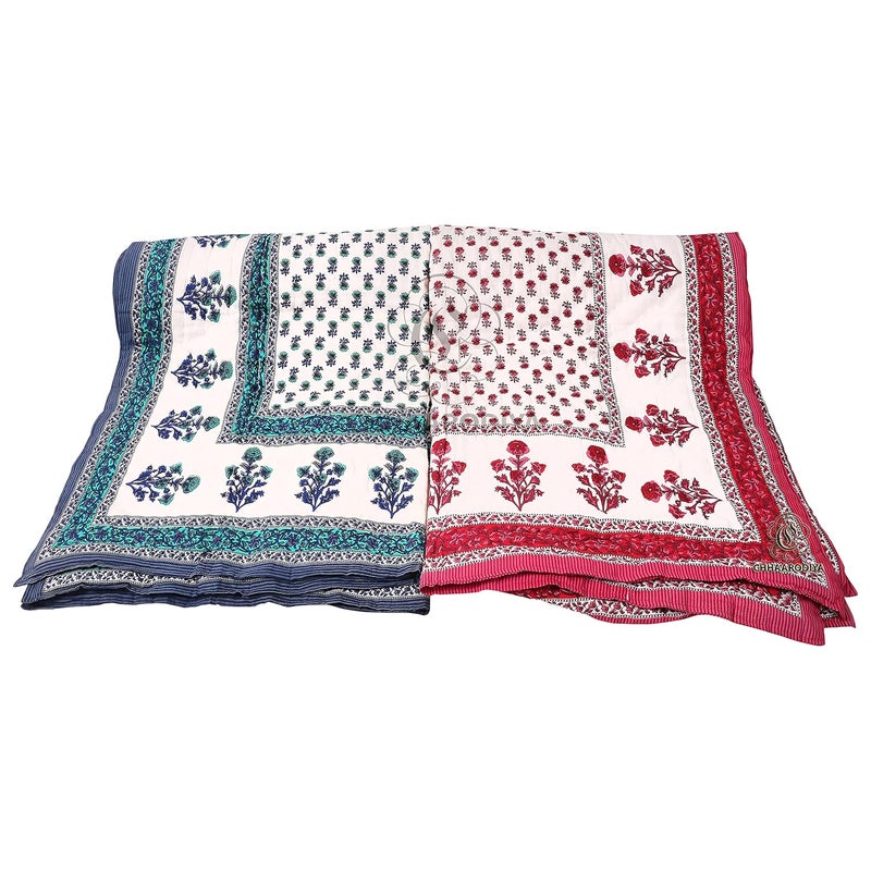 LILFLY 400 TC Jaipuri Light Weight Pure Cotton Traditional Rajasthani Print Single Bed QuiltRazaiRajai Multicolor Butti Print Single Bed Set of 2 - Image 3