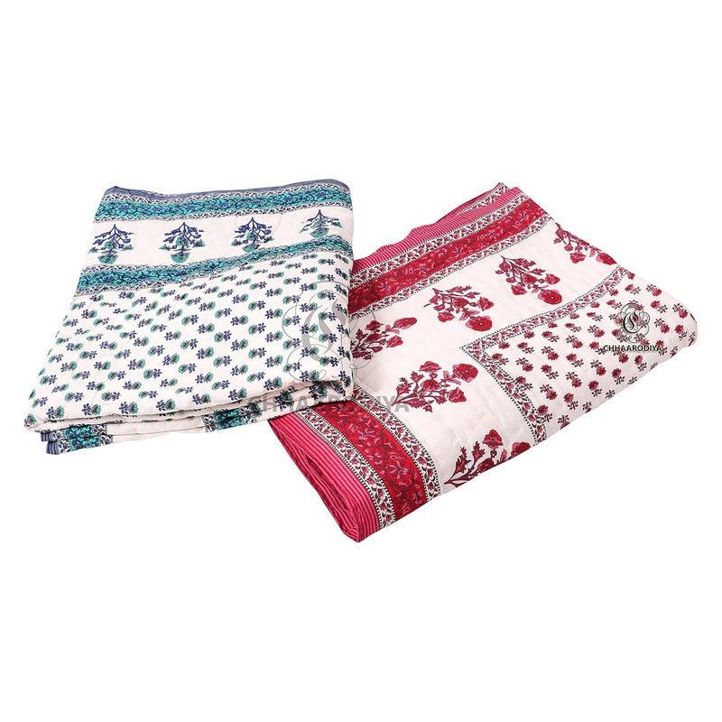 LILFLY 400 TC Jaipuri Light Weight Pure Cotton Traditional Rajasthani Print Single Bed QuiltRazaiRajai Multicolor Butti Print Single Bed Set of 2 - Image 2