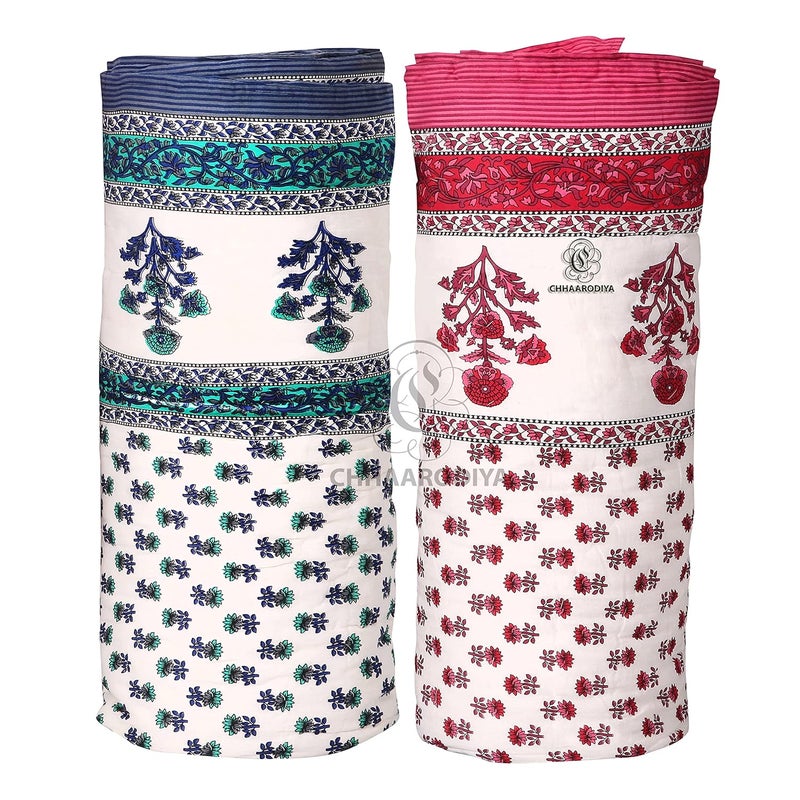 LILFLY 400 TC Jaipuri Light Weight Pure Cotton Traditional Rajasthani Print Single Bed QuiltRazaiRajai Multicolor Butti Print Single Bed Set of 2 - Image 1