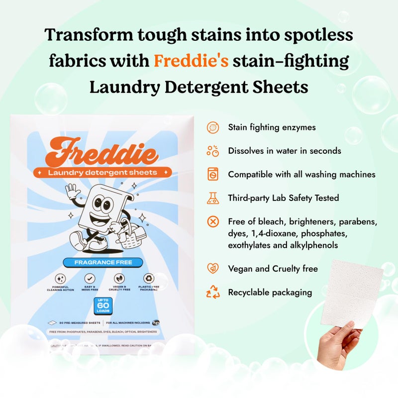 Freddie Low-Waste Laundry Detergent Sheets - Jug Free Format - Pre-Measured Strips - 60 Loads - Unscented for Sensitive Skin - Image 2
