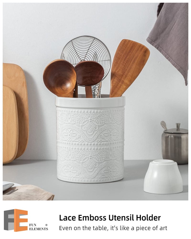 FE FUN ELEMENTS FUN ELEMENTS Kitchen Utensil Holder, 7.2" Super Large Utensil Crock Heavy and Stable Lace Emboss Ceramic Utensil Holder for Kitchen Counter (Bright White)  - Image 2