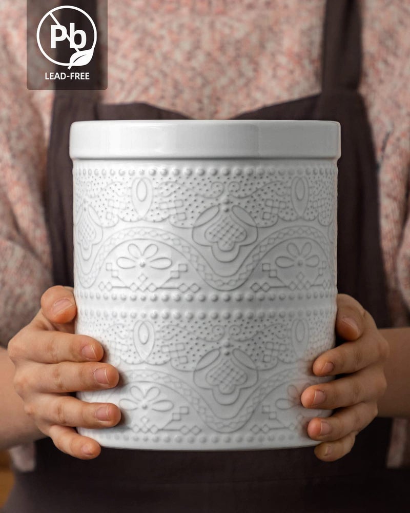 FE FUN ELEMENTS FUN ELEMENTS Kitchen Utensil Holder, 7.2" Super Large Utensil Crock Heavy and Stable Lace Emboss Ceramic Utensil Holder for Kitchen Counter (Bright White)  - Image 4