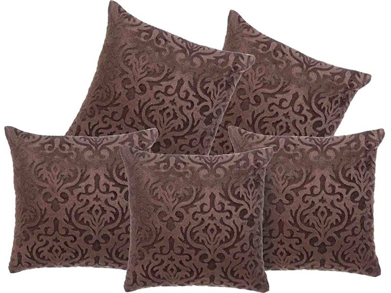 Belive-Me Velvet Embos Dark Brown Large Cushion Covers For Sofa Set Of 5 Pieces (24 X 24Inch / 60 X 60Cm, Brown), 180 TC - Image 1