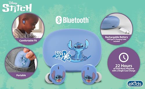 eKids Disney Stitch Wireless Earbuds with Microphone, Bluetooth Earbuds with Charging Case for Ear Buds, Designed for School, Home, or Travel - Image 2
