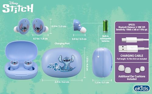 eKids Disney Stitch Wireless Earbuds with Microphone, Bluetooth Earbuds with Charging Case for Ear Buds, Designed for School, Home, or Travel - Image 4