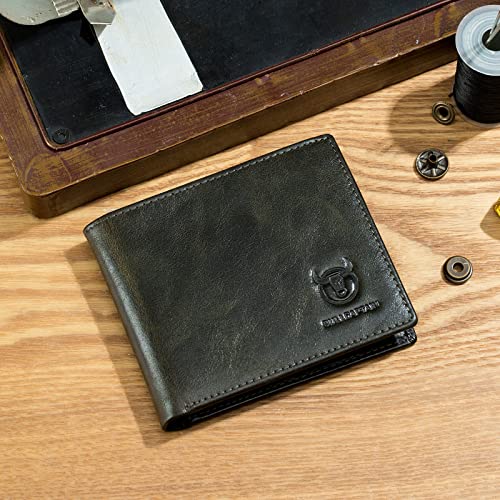 BULLCAPTAIN حافظات RFID للرجال نحيفة بيفولد جلدية أصلية بمحفظة جيب أمامية مع 2 نوافذ هوية QB-05 (أخضر غابي) - Image 2