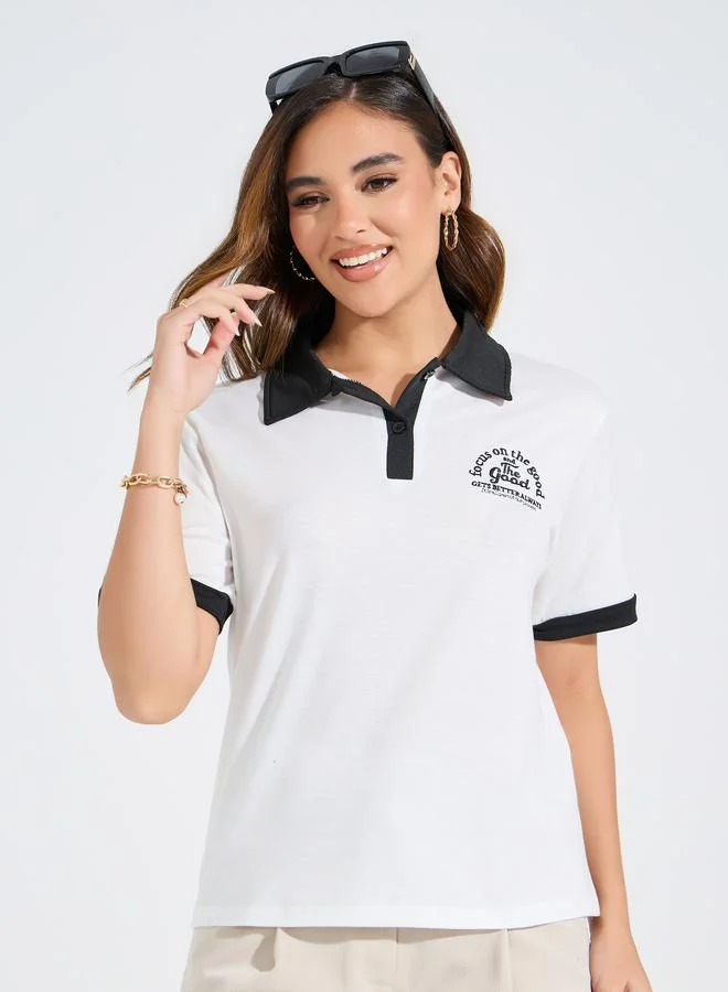 Styli Regular Fit Focus On The Good Embroidered Polo T-Shirt