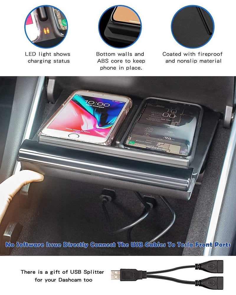 TAPTES Wireless Charger for Tesla Model 3 2017 2018 2019 2020, Dual Phone Charging Pad for Tesla Model 3 Accessories, Car Center Console Interior, Compatible with iPhone & Smartphones, Black - Image 4