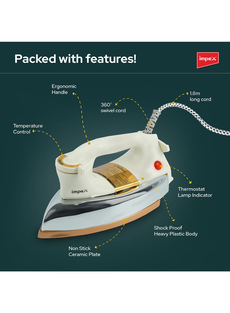Impex Heavy Duty Dry Iron, 1.5Kg, Ceramic Coated Sole Plate, Automatic Cut-off, Power Indicator, Stable Heel Rest, Adjustable Temperature Control Knob 1200 W IB 201 White - Image 5