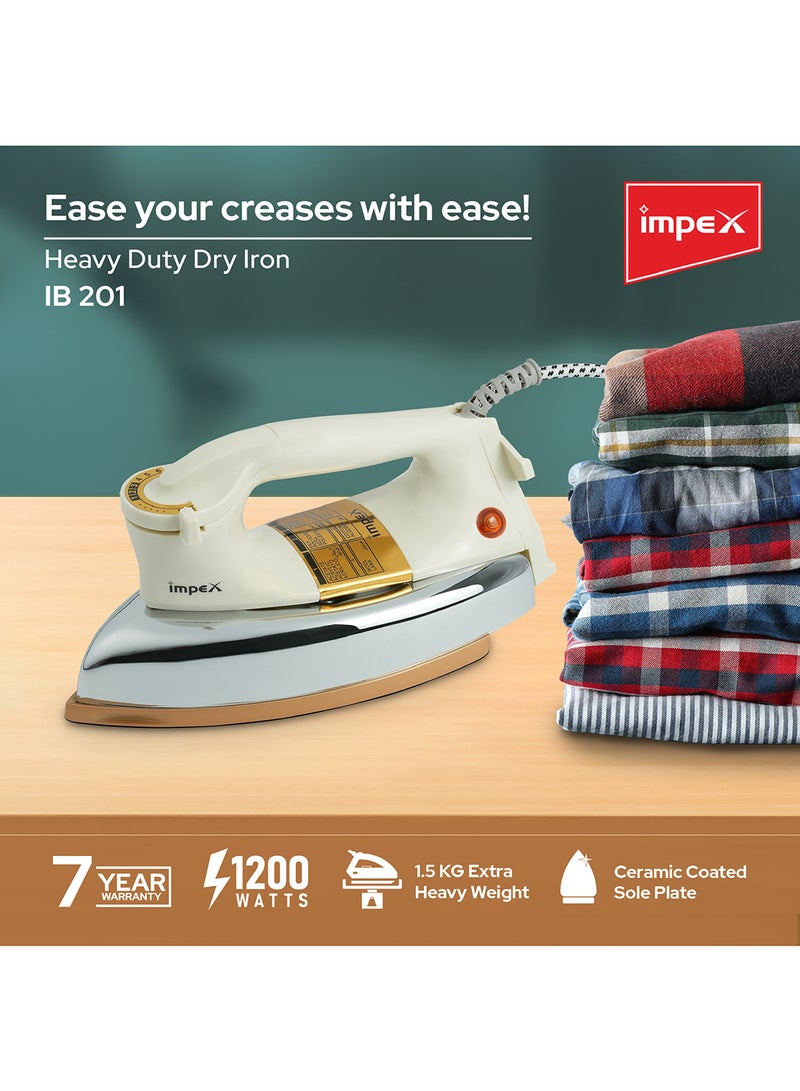 Impex Heavy Duty Dry Iron, 1.5Kg, Ceramic Coated Sole Plate, Automatic Cut-off, Power Indicator, Stable Heel Rest, Adjustable Temperature Control Knob 1200 W IB 201 White - Image 2