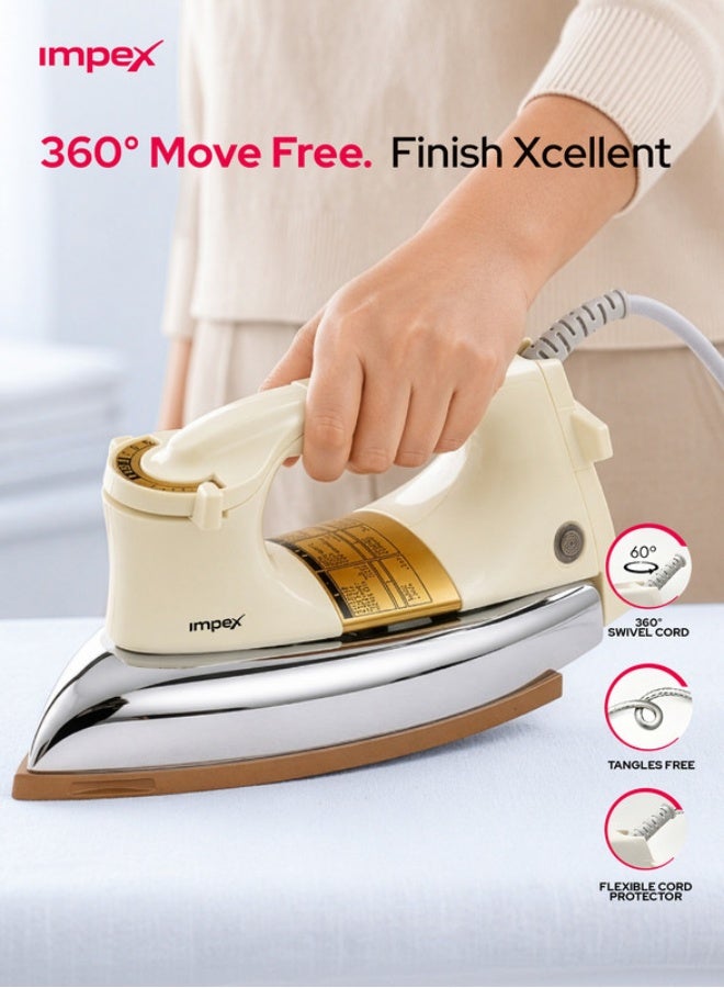 Impex Heavy Duty Dry Iron, 1200W Electric Dry Iron Box, 1.5kg Heavy Weight, Golden Ceramic Coated Soleplate, Adjustable Temperature Control, Automatic Cut-Off, Power Indicator, Stable Heel Rest, 7 Years Warranty, Clothes Iron for Home, Cotton, Linen & Daily Garments - IB 201, White 1200 W IB 201 White - Image 5