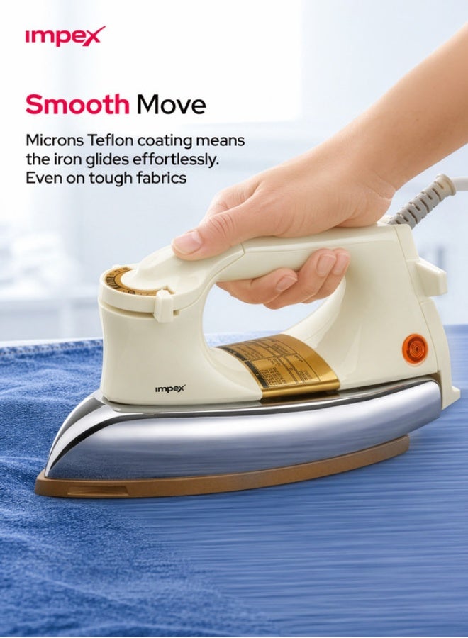 Impex Heavy Duty Dry Iron, 1200W Electric Dry Iron Box, 1.5kg Heavy Weight, Golden Ceramic Coated Soleplate, Adjustable Temperature Control, Automatic Cut-Off, Power Indicator, Stable Heel Rest, 7 Years Warranty, Clothes Iron for Home, Cotton, Linen & Daily Garments - IB 201, White 1200 W IB 201 White - Image 4