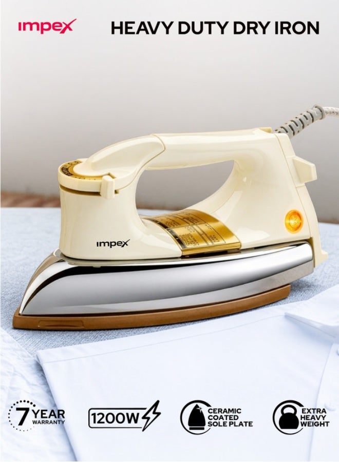 Impex Heavy Duty Dry Iron, 1200W Electric Dry Iron Box, 1.5kg Heavy Weight, Golden Ceramic Coated Soleplate, Adjustable Temperature Control, Automatic Cut-Off, Power Indicator, Stable Heel Rest, 7 Years Warranty, Clothes Iron for Home, Cotton, Linen & Daily Garments - IB 201, White 1200 W IB 201 White - Image 1