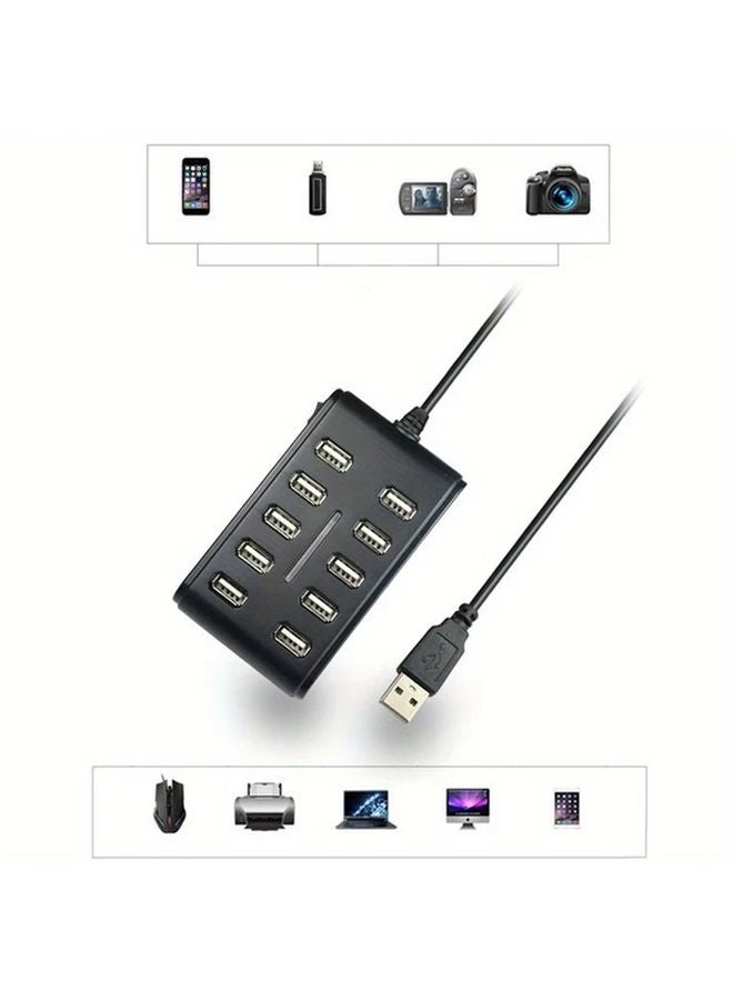 10 منفذ USB 2.0 محور مع مفاتيح تشغيل وإيقاف فردية مدمجة، تشغيل مباشر للكمبيوتر المحمول وسطح المكتب، أسود - Image 3