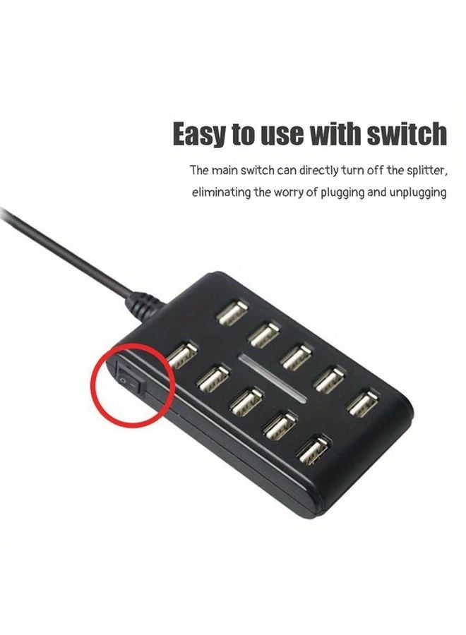 10 منفذ USB 2.0 محور مع مفاتيح تشغيل وإيقاف فردية مدمجة، تشغيل مباشر للكمبيوتر المحمول وسطح المكتب، أسود - Image 5
