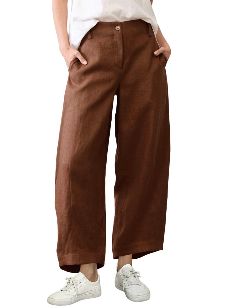 Tanming Womens Linen Pants Casual Capri Baggy Wide Leg Trousers Palazzo Pants Beach Vacation Outfits(Brown-M) - Image 1