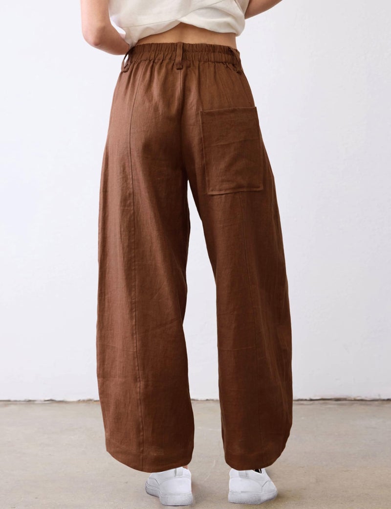 Tanming Womens Linen Pants Casual Capri Baggy Wide Leg Trousers Palazzo Pants Beach Vacation Outfits(Brown-M) - Image 3
