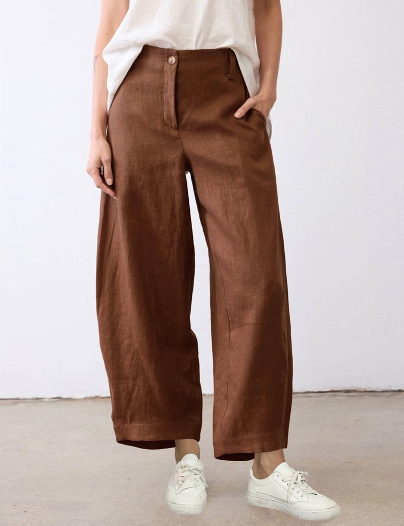 Tanming Womens Linen Pants Casual Capri Baggy Wide Leg Trousers Palazzo Pants Beach Vacation Outfits(Brown-M) - Image 2