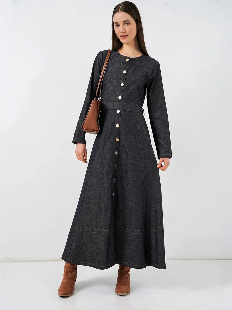 Big Dart Navy Blue BDART Belted Denim Midi Dress for Women | Best Price UAE