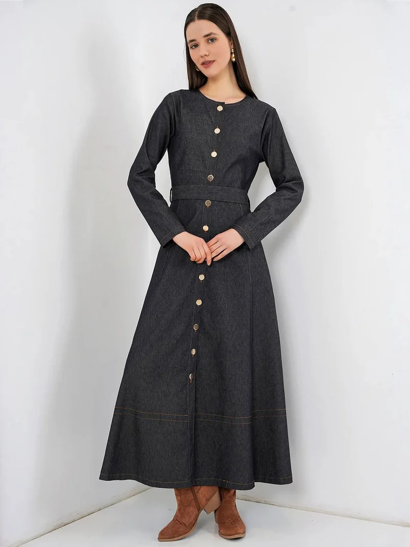 Big Dart Navy Blue BDART Belted Denim Midi Dress for Women | Best Price UAE