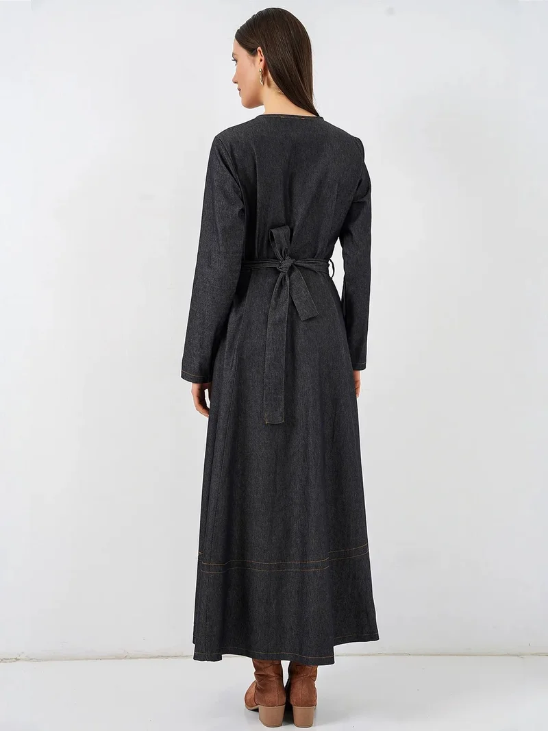 Big Dart Navy Blue BDART Belted Denim Midi Dress for Women | Best Price UAE