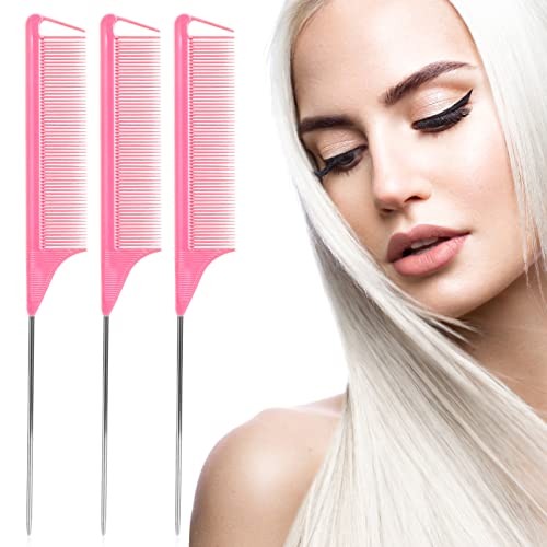 Kunihiko Rat Tail Combs Set 3 Pack Long Steel Pin Combs for Hair Stylists Parting and Teasing Great for All Hair Types Pink - Image 5