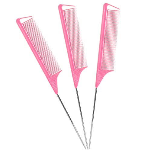 Kunihiko Rat Tail Combs Set 3 Pack Long Steel Pin Combs for Hair Stylists Parting and Teasing Great for All Hair Types Pink - Image 2
