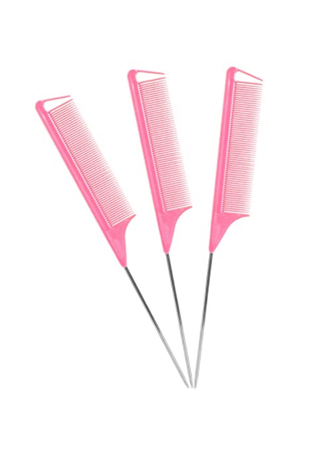 Kunihiko Rat Tail Combs Set 3 Pack Long Steel Pin Combs for Hair Stylists Parting and Teasing Great for All Hair Types Pink - Image 1