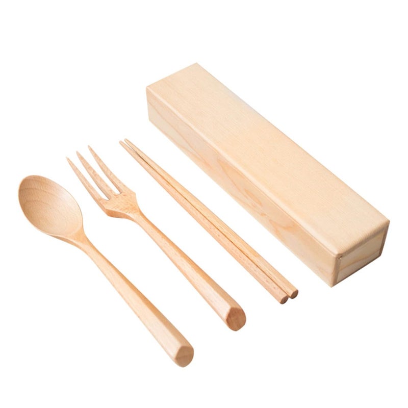 Portable Beech Wood Flatware Set with Chopsticks Spoon Fork and Travel Case - Image 2