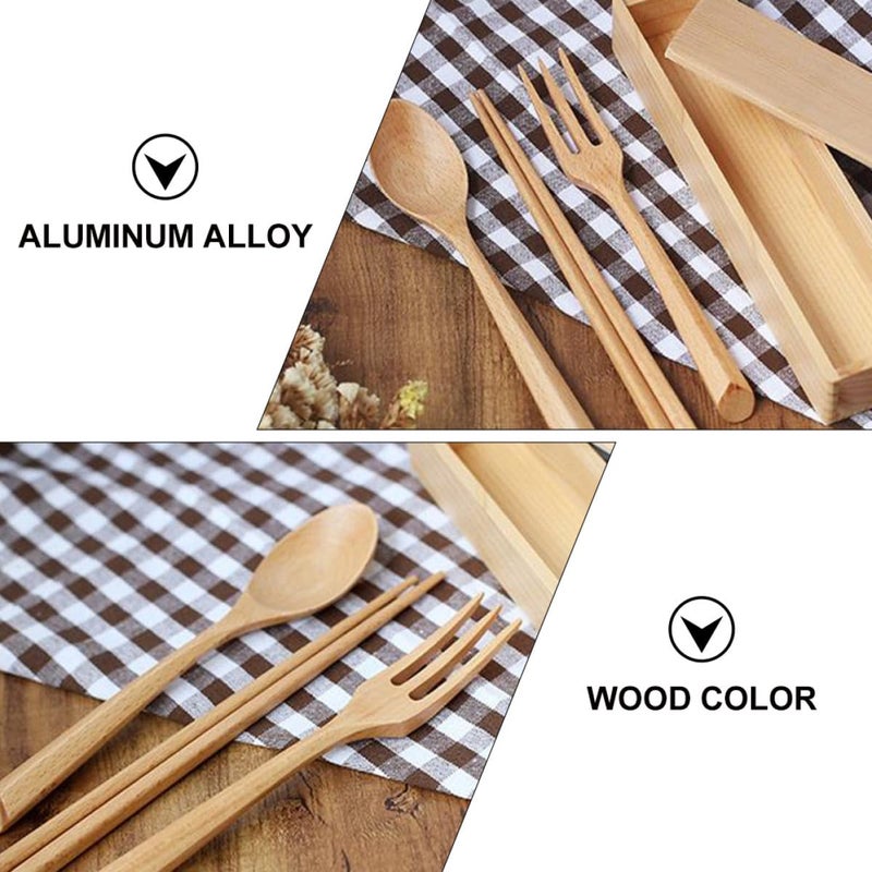 Portable Beech Wood Flatware Set with Chopsticks Spoon Fork and Travel Case - Image 4
