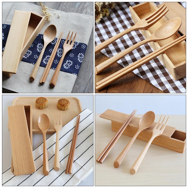 Portable Beech Wood Flatware Set with Chopsticks Spoon Fork and Travel Case - Image 5