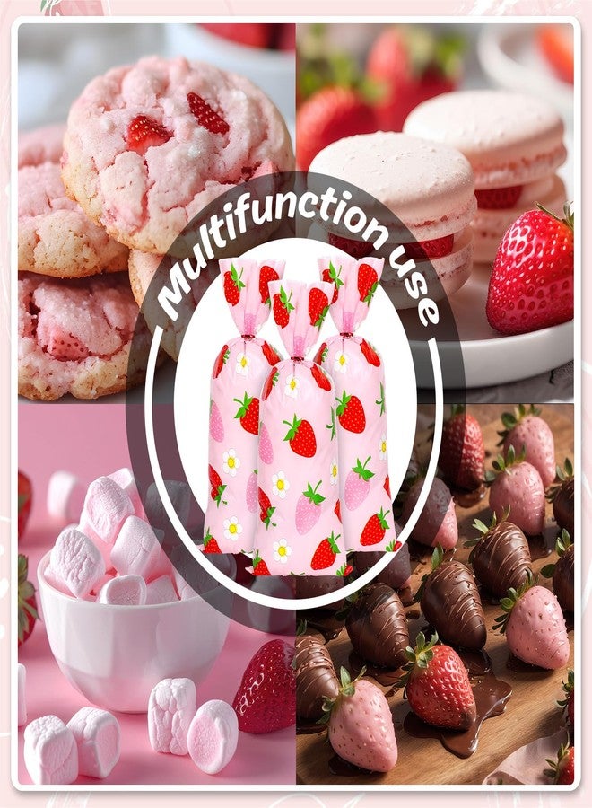 FYSUIMU 100Pcs Strawberry Cellophane Treat Bags with Twist Ties Cute Red Pink Strawberry Flower Plastic Candy Goodie Bags for Summer Birthday Party Packing Supplies - Image 4