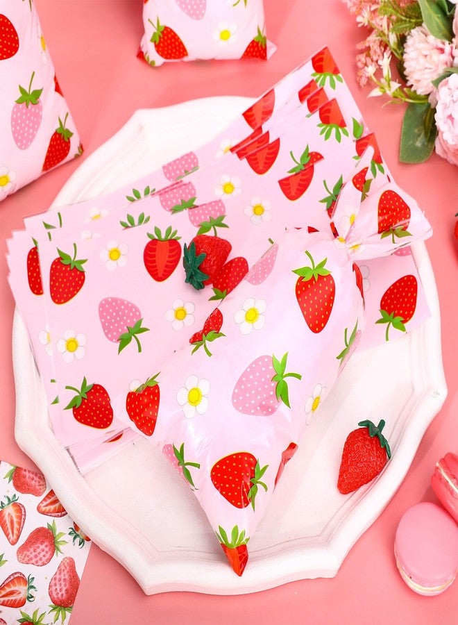 FYSUIMU 100Pcs Strawberry Cellophane Treat Bags with Twist Ties Cute Red Pink Strawberry Flower Plastic Candy Goodie Bags for Summer Birthday Party Packing Supplies - Image 3