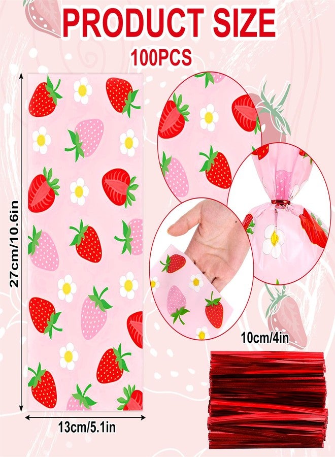 FYSUIMU 100Pcs Strawberry Cellophane Treat Bags with Twist Ties Cute Red Pink Strawberry Flower Plastic Candy Goodie Bags for Summer Birthday Party Packing Supplies - Image 2