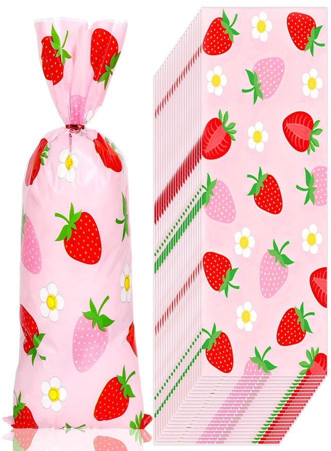 FYSUIMU 100Pcs Strawberry Cellophane Treat Bags with Twist Ties Cute Red Pink Strawberry Flower Plastic Candy Goodie Bags for Summer Birthday Party Packing Supplies - Image 1