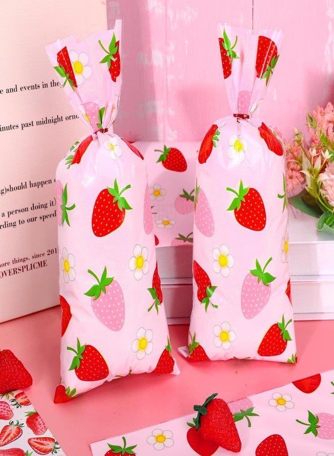 FYSUIMU 100Pcs Strawberry Cellophane Treat Bags with Twist Ties Cute Red Pink Strawberry Flower Plastic Candy Goodie Bags for Summer Birthday Party Packing Supplies - Image 5