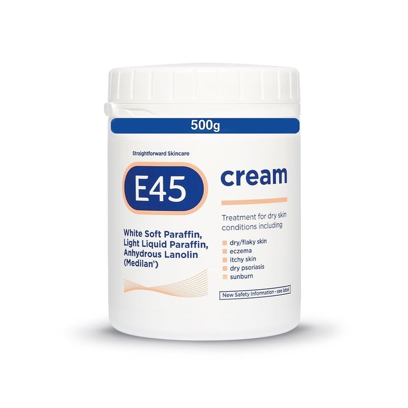 E45 Cream 500 g Tub  Moisturiser for Dry Skin and Sensitive Skin  Emollient Body Cream to Soothe Dry and Irritated Skin  Itchy Skin Eczema Cream  PerfumeFree Face Cream and NonGreasy Hand Cream
