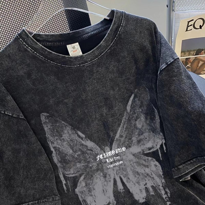 Hiphop Trendy Brand Distressed Short-Sleeved T-Shirt Women'S Large Size Loose Oversize Washed Black Printed Tops - Image 4