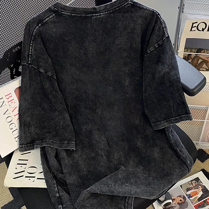 Hiphop Trendy Brand Distressed Short-Sleeved T-Shirt Women'S Large Size Loose Oversize Washed Black Printed Tops - Image 3