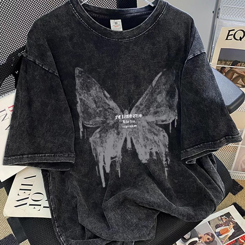 Hiphop Trendy Brand Distressed Short-Sleeved T-Shirt Women'S Large Size Loose Oversize Washed Black Printed Tops - Image 2