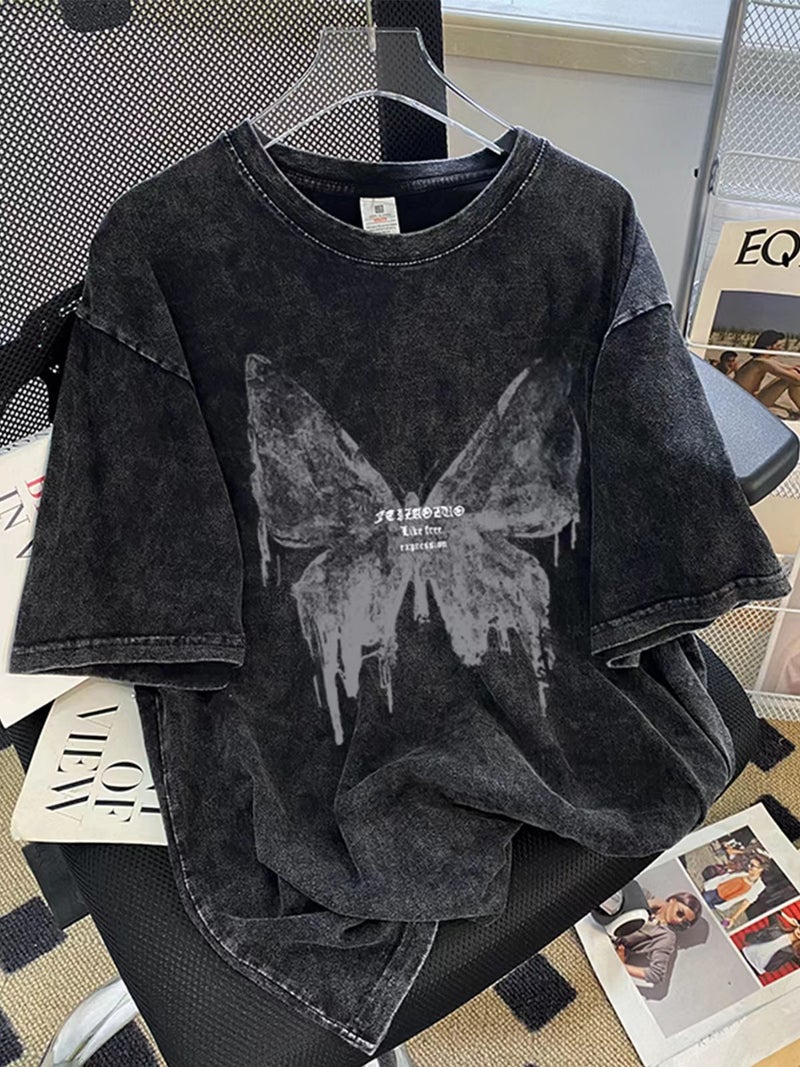 Hiphop Trendy Brand Distressed Short-Sleeved T-Shirt Women'S Large Size Loose Oversize Washed Black Printed Tops - Image 1