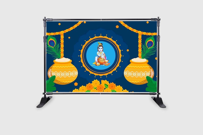 Backdropon Bal Krishna with Matuki Design Backdrop for Pooja Decoration Especially Krishna Janmashtami Background Curtain Cloth for Festival Fabric Polyster Size 5 Feet Height and 8 Feet Width(5 * 8) - Image 2