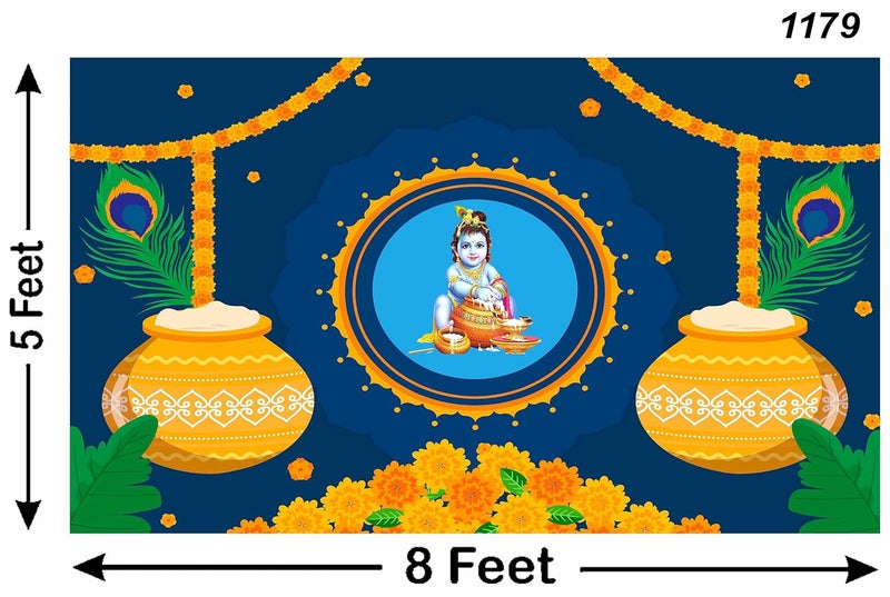 Backdropon Bal Krishna with Matuki Design Backdrop for Pooja Decoration Especially Krishna Janmashtami Background Curtain Cloth for Festival Fabric Polyster Size 5 Feet Height and 8 Feet Width(5 * 8) - Image 3