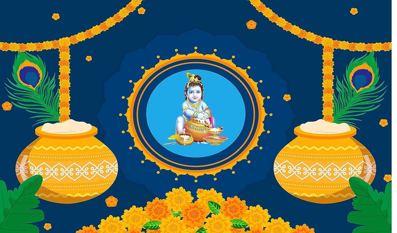 Backdropon Bal Krishna with Matuki Design Backdrop for Pooja Decoration Especially Krishna Janmashtami Background Curtain Cloth for Festival Fabric Polyster Size 5 Feet Height and 8 Feet Width(5 * 8) - Image 1